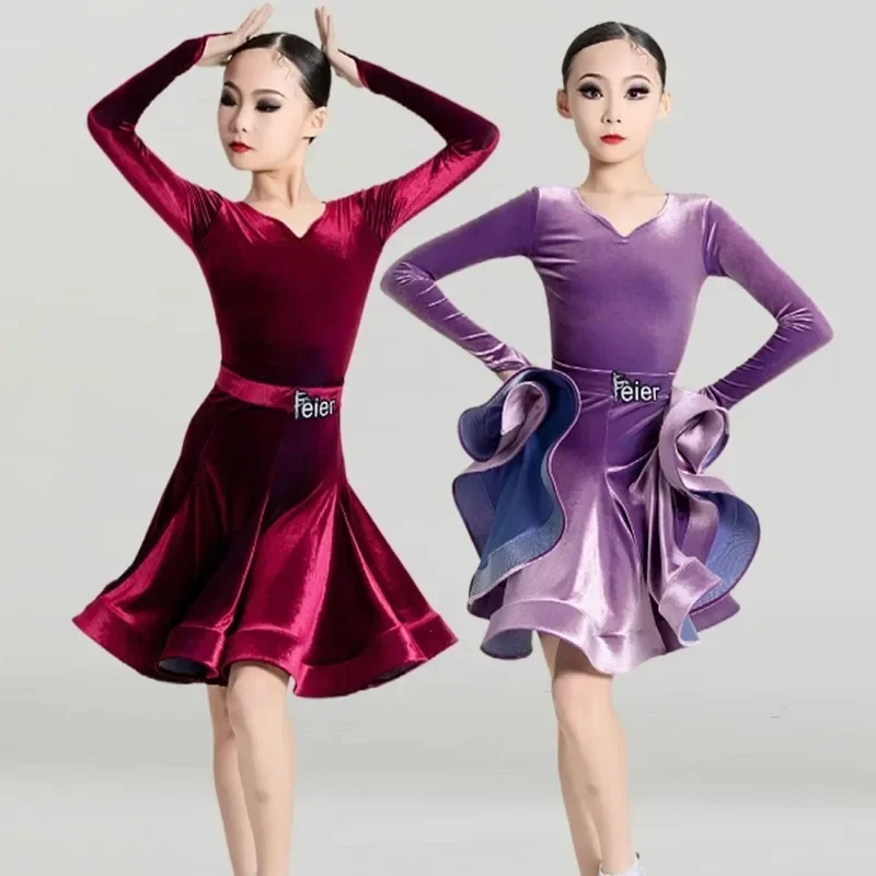 

Костюм для латинских танцев для девочек по индивидуальному заказу, костюм для соревнований, детский профессиональный топ с длинными рукавами, юбка, комплект из 2 предметов, платье для танцев ча-ча