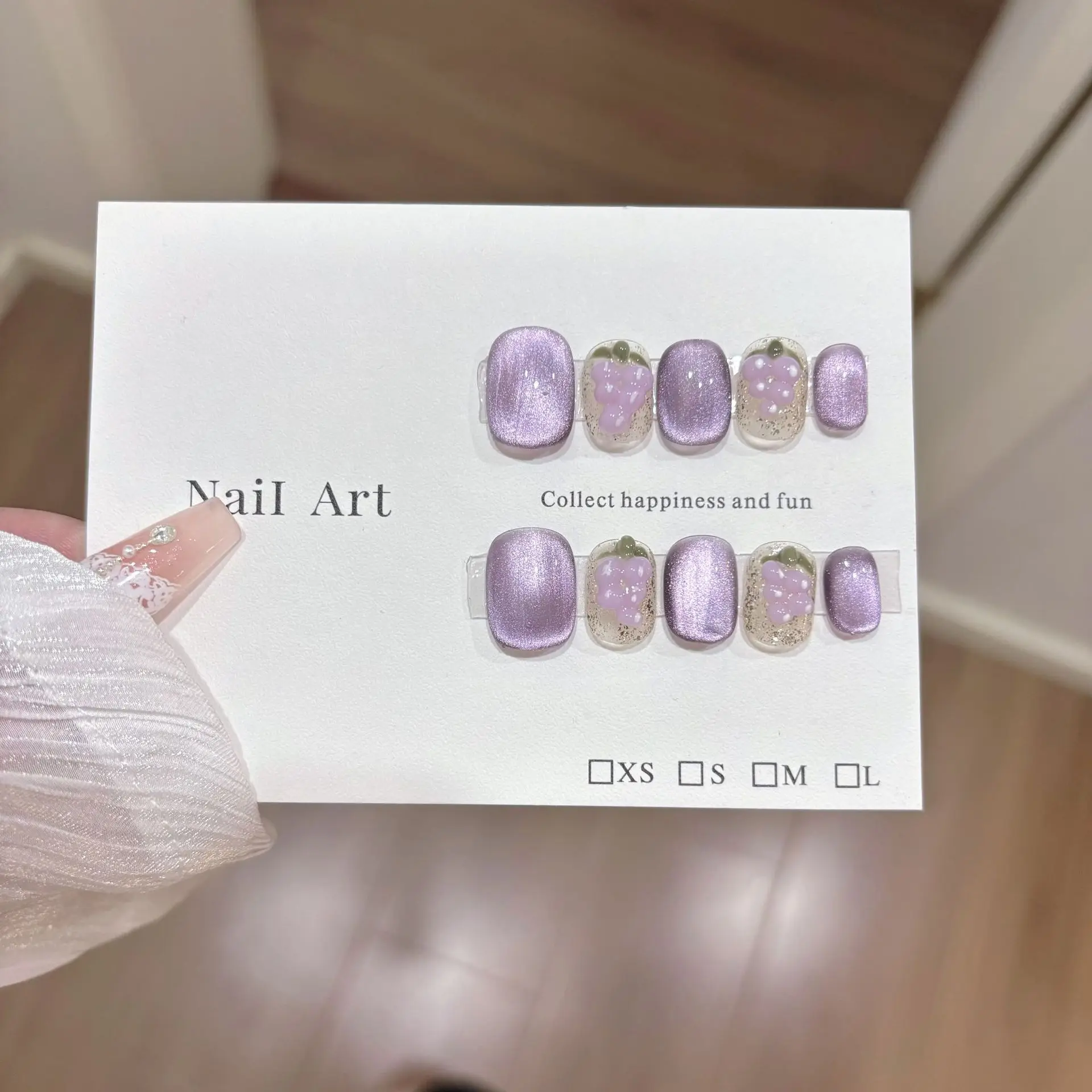 

10pcs Handmade Press on Nails Purple Cat Eye Taro Grape Short Oval Full Coverage Nail for Women&Girl Removable Wearable Nail