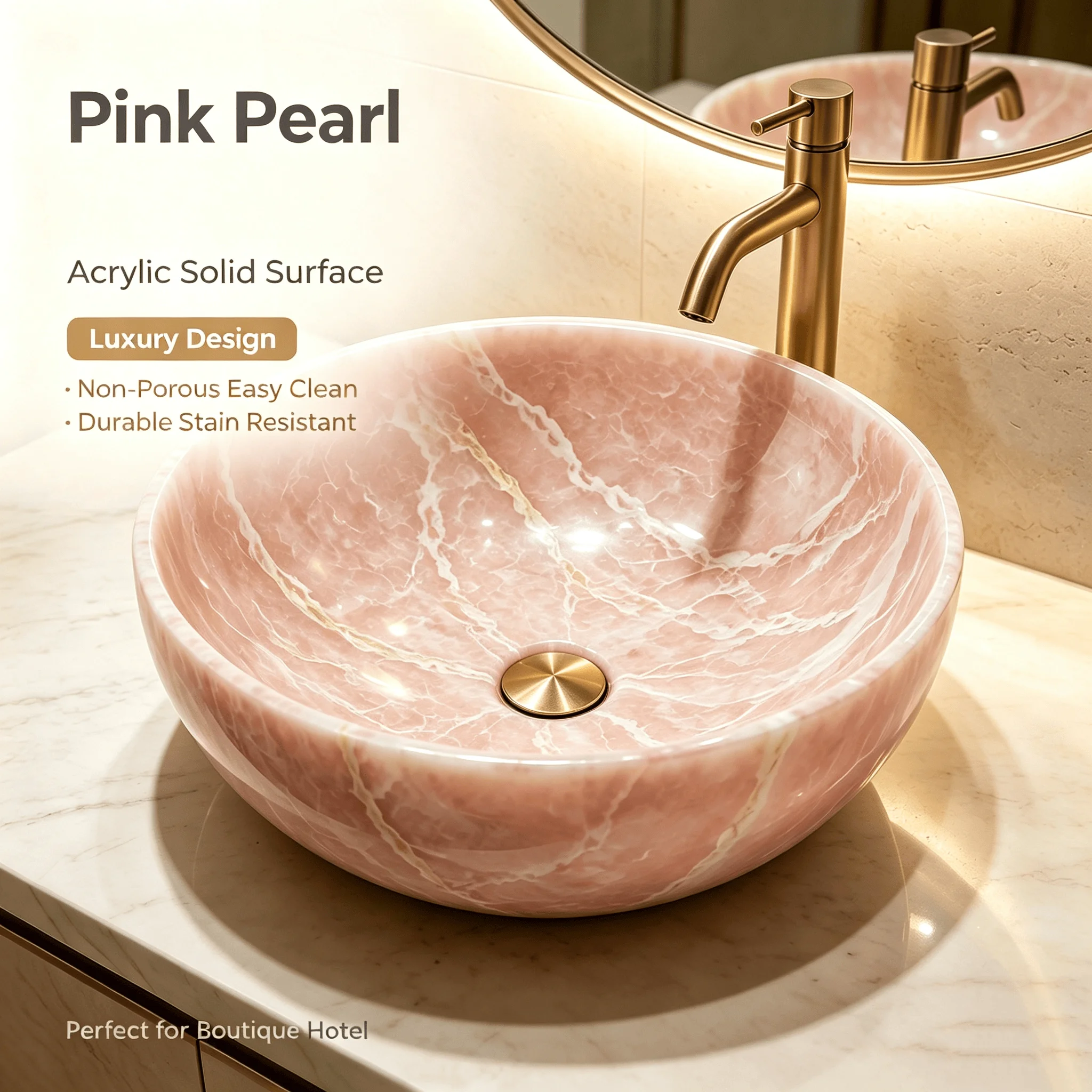 Luxury Pink Onyx Effect Acrylic Solid Surface Round Vessel Sink Custom Bathroom Countertop Wash Basin
