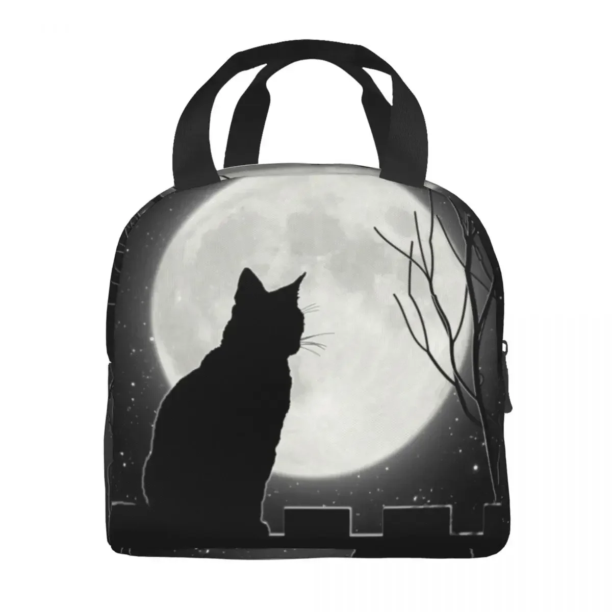 Black Cat Looking At The Full Moon Insulated Lunch Tote Bag for Women Animal Cartoon Portable Thermal Cooler Bento Box