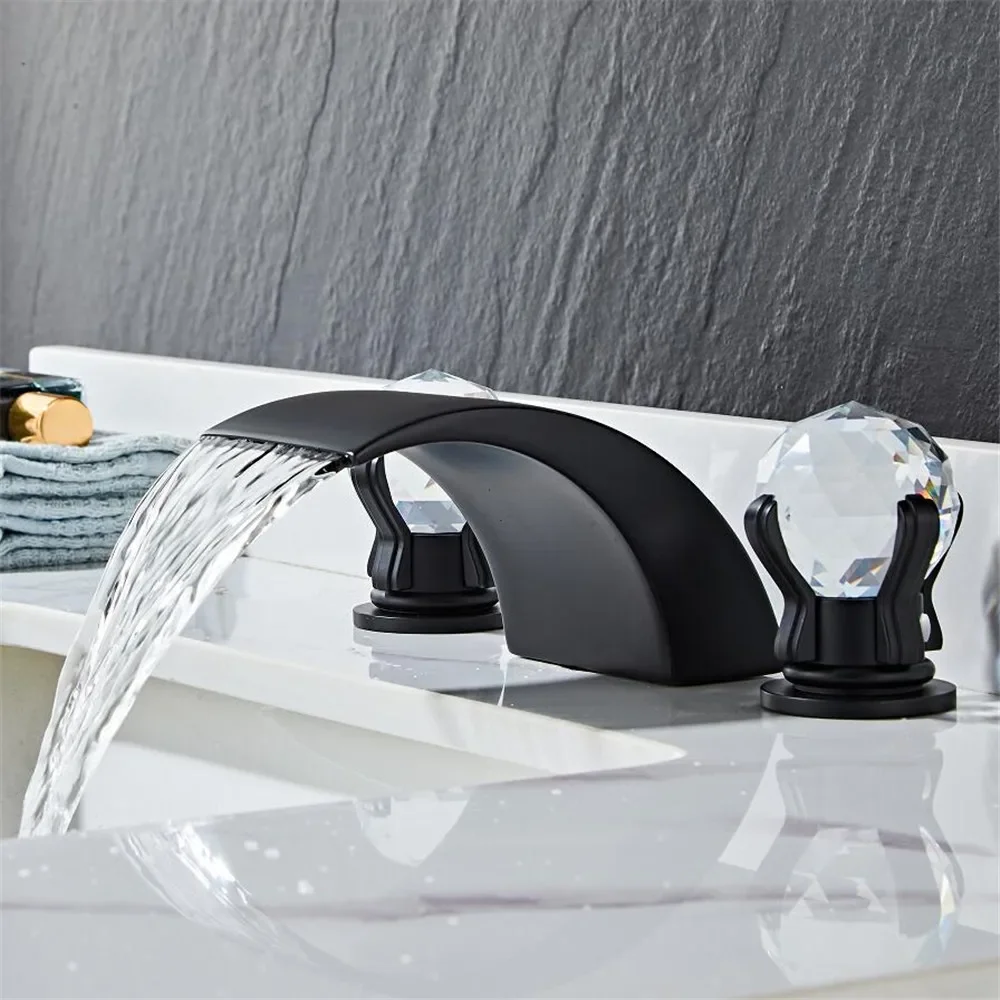 Black Basin Faucet Brass Gold Widespread Bathroom Faucet Crystal Sink Faucets 3 Hole Hot And Cold Waterfall Faucet Tap