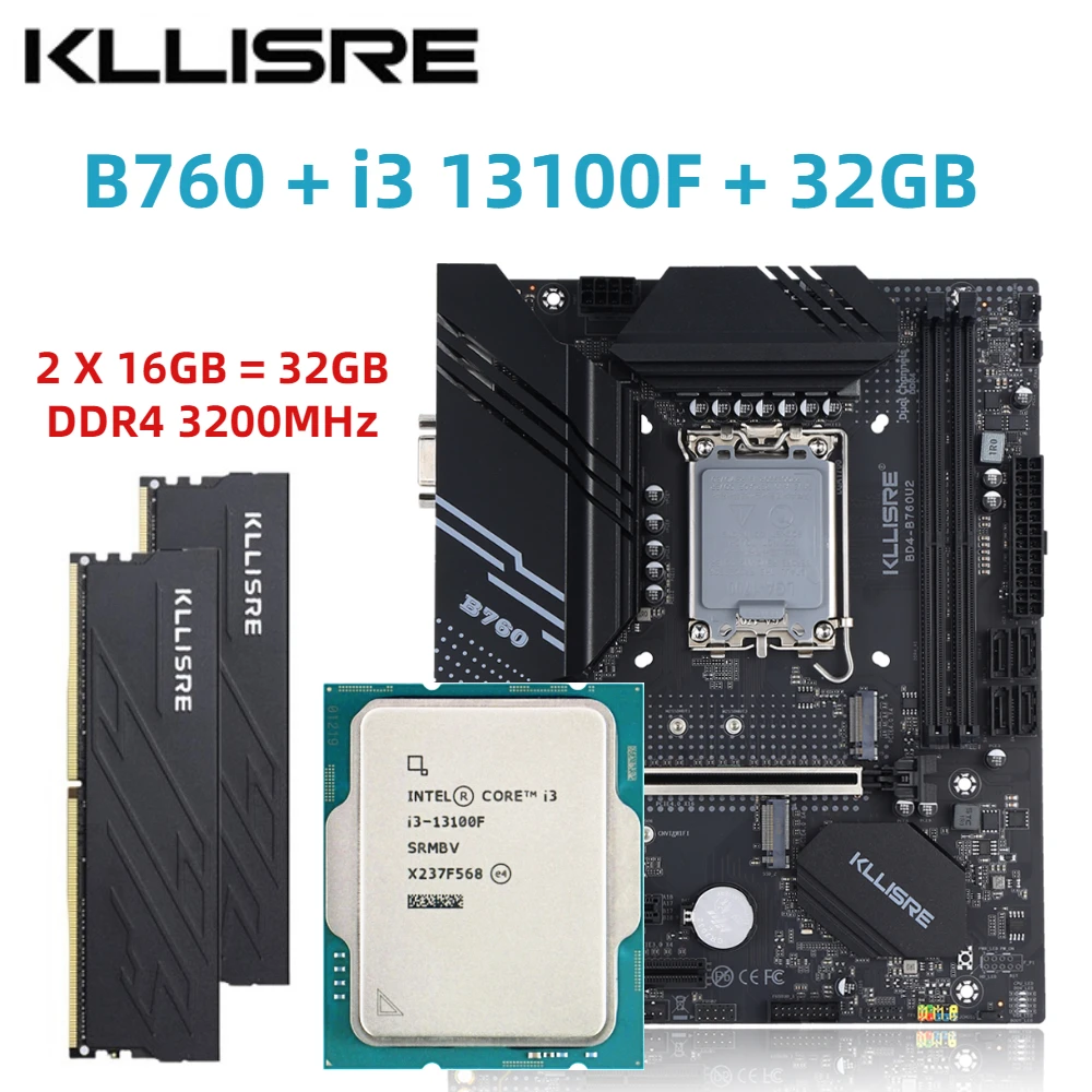 Kllisre B760 Kit Core i3 13100F 2*16GB = 32GB Memory DDR4 3200 Desktop RAM LGA 1700 Motherboard Set