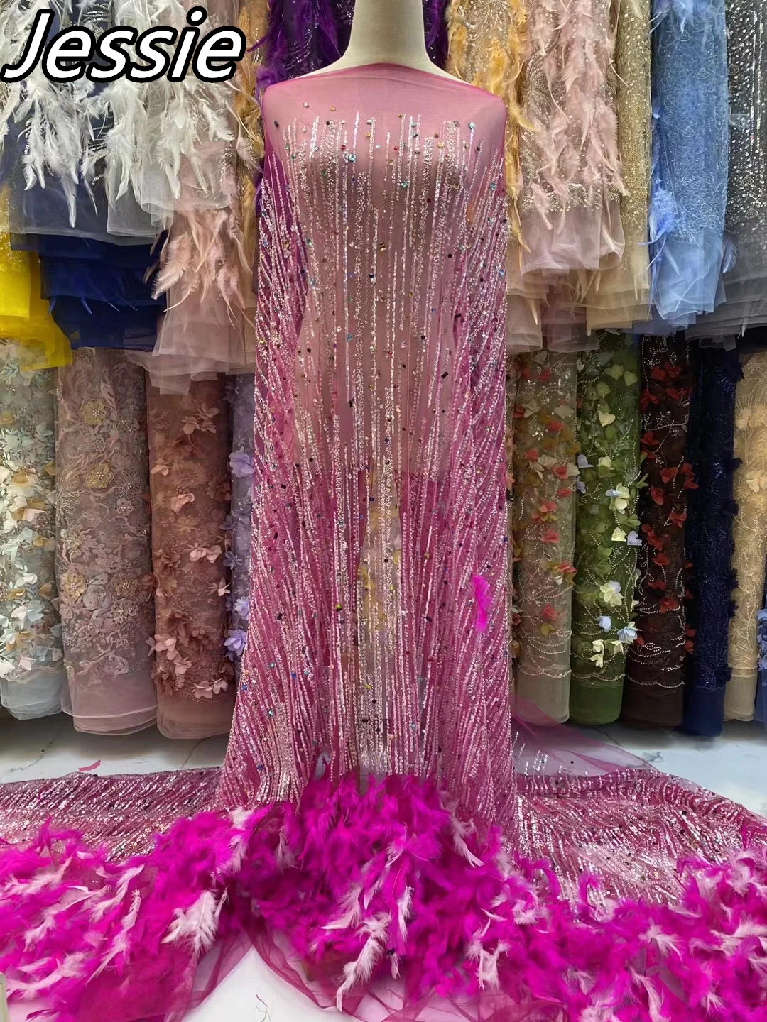 

Spot High-end Feather Two-color Beaded Tube Embroidery Sequin Hot Drill Lace Gauze Gauze Wedding Dress Cheongsam Runway Fabric