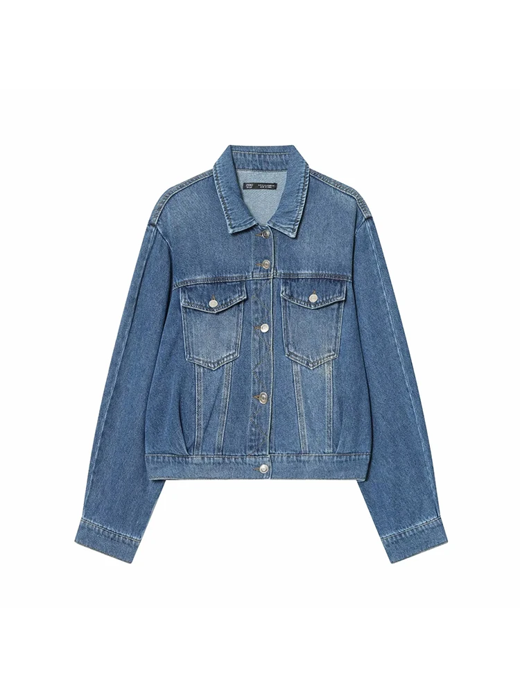 

Women's Short Denim Jacket Women's Cardigan Retro Collar Casual Comfortable Cotton Long Sleeve Polo Neck Jacket Female