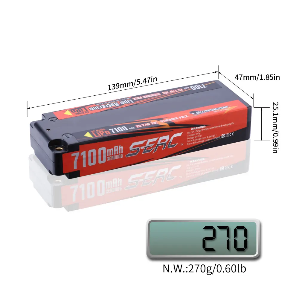 Sunpadow 2S Lipo Battery 5100mAh 6100 7100mAh 70C Hard Case with 4mm Bullet for RC 1/8 1/10 Scale Vehicle Car Truck Tank Racing