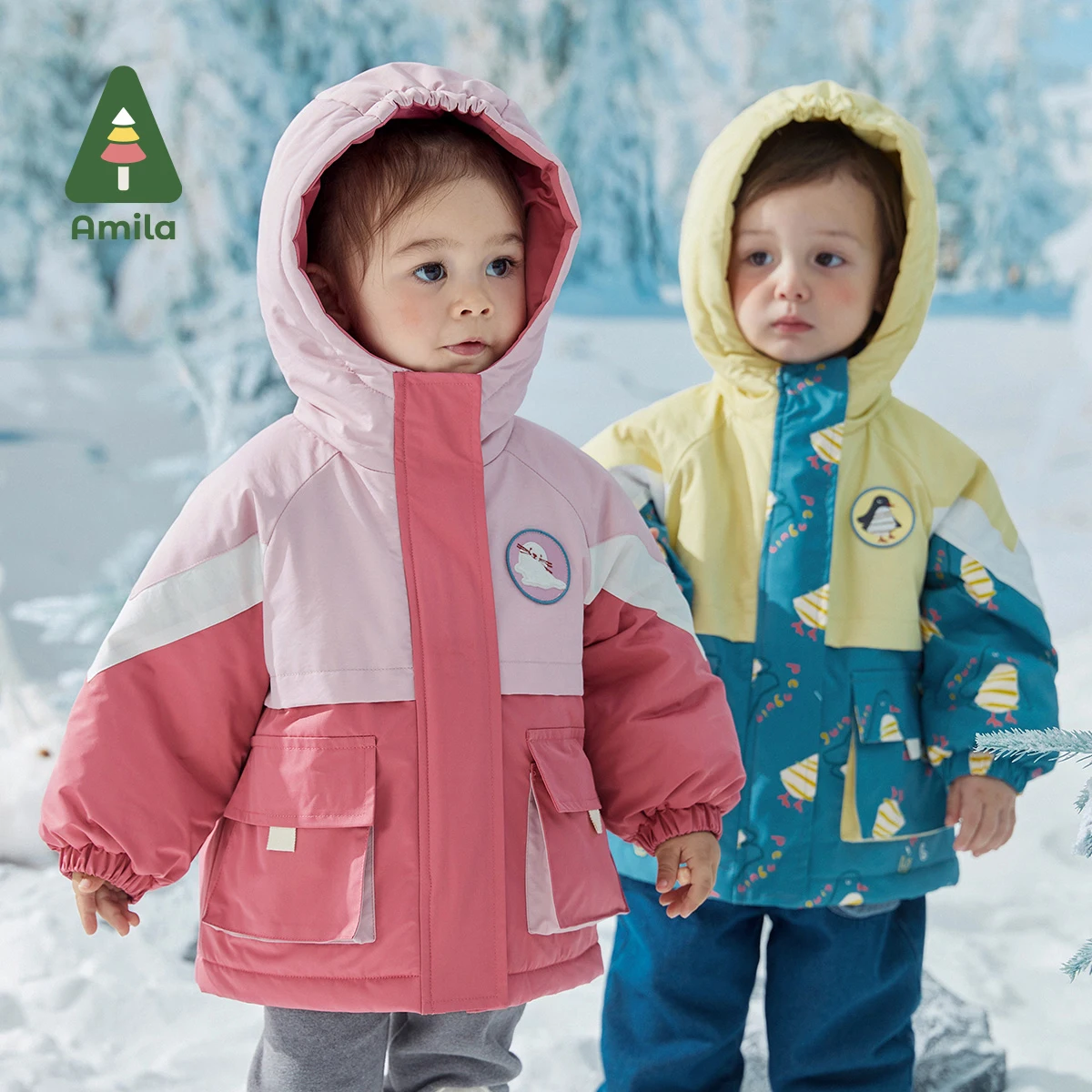 Amila Baby Two-piece Sets Warm Coat 2024 Winter New Boys and Girls Print Windproof Casual Jacket Children's Outwear Clothing