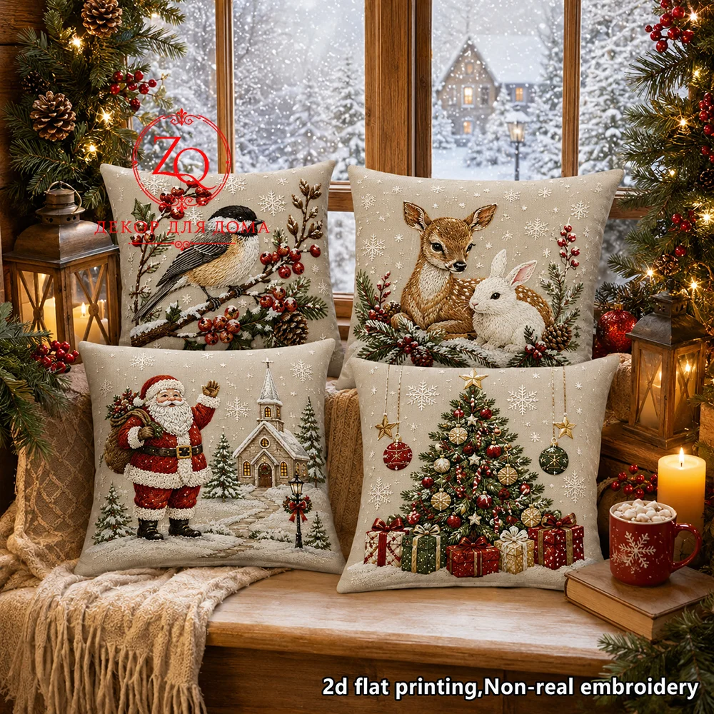 Christmas Pillow Covers  Peach Skin  Winter Farmhouse Bedroom Decor Cute Santa Claus Deer Bird  Tree Throw Pillow Cases