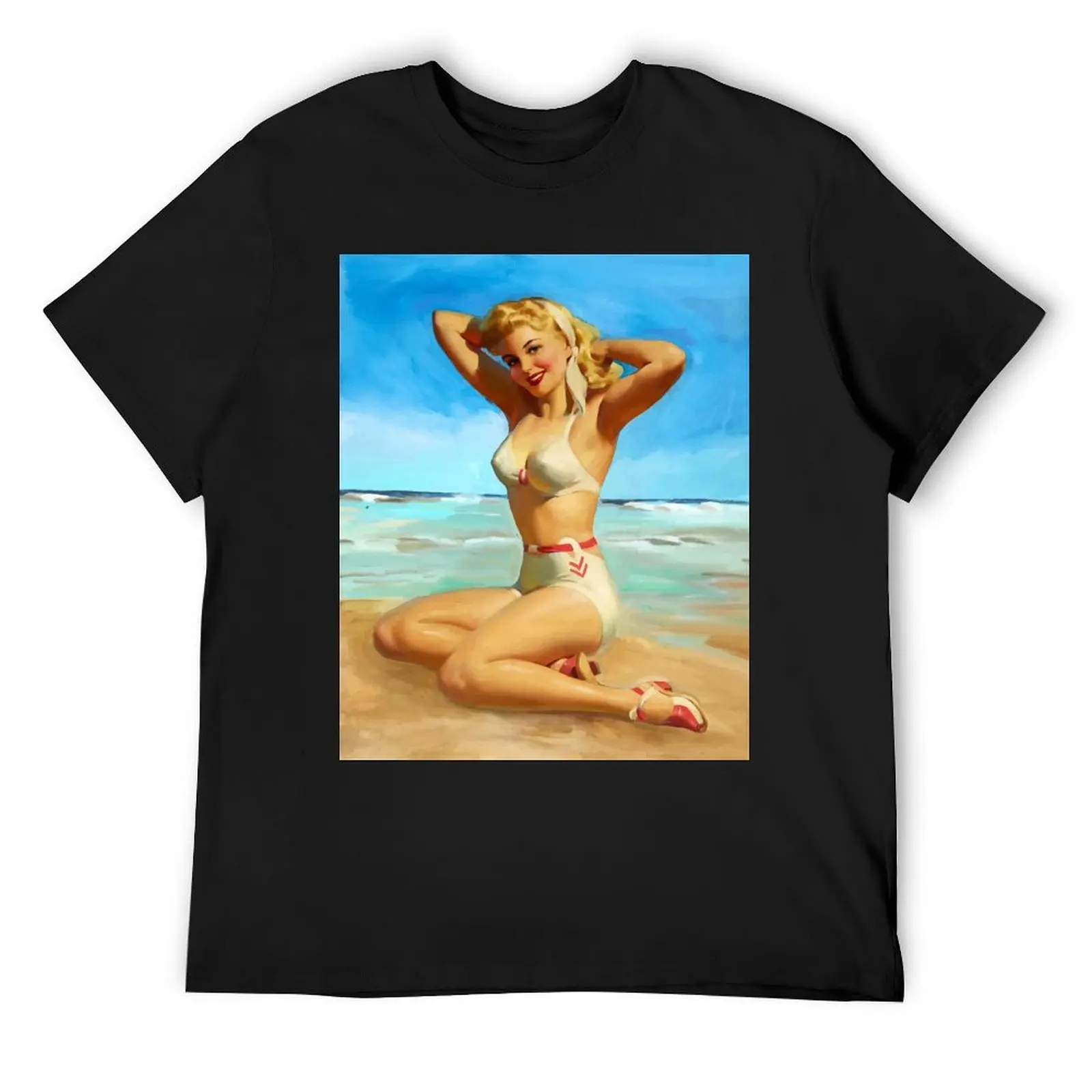 Sexy Pin-Up Lady in Bikini on the Beach T-Shirt vintage clothes anime vintage graphic tee mens graphic t-shirts hip hop