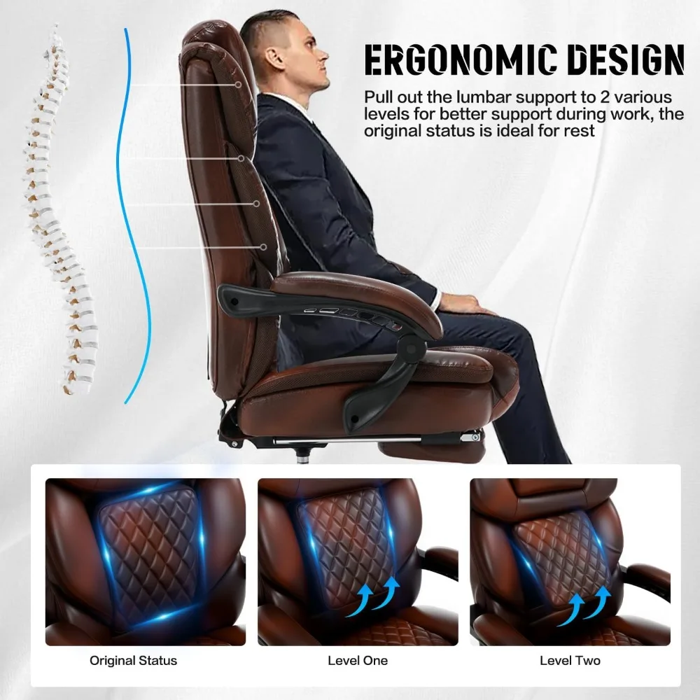 كرسي مكتب مكتبي كبير جدًا بمقاس كبير مع مسند للقدمين ودعم للظهر، كرسي مريح من جلد البولي يوريثان بمقعد عريض لـ Ta