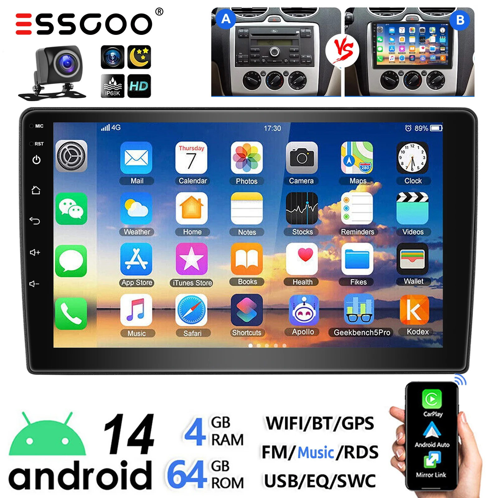 ESSGOO 9" Android 14 voor Ford Transit Connect MK7 Focus Galaxy Fiesta C S Max Kuga Auto Stereo Wireless CarPlay Android Auto GPS Navi Wifi RDS USB EQ SWC Bluetooth Touchscreen 2 DIN