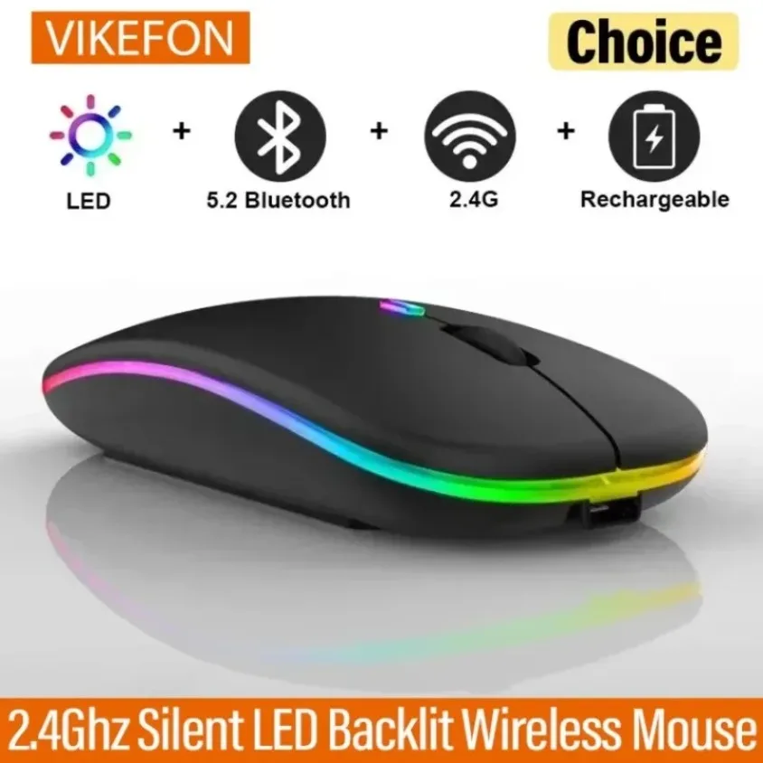 Mouse LED Backlit Senyap Isi Ulang untuk PC Laptop Komputer Mouse Nirkabel 2.4Ghz Receiver Bluetooth Dual Mode Optical Mice