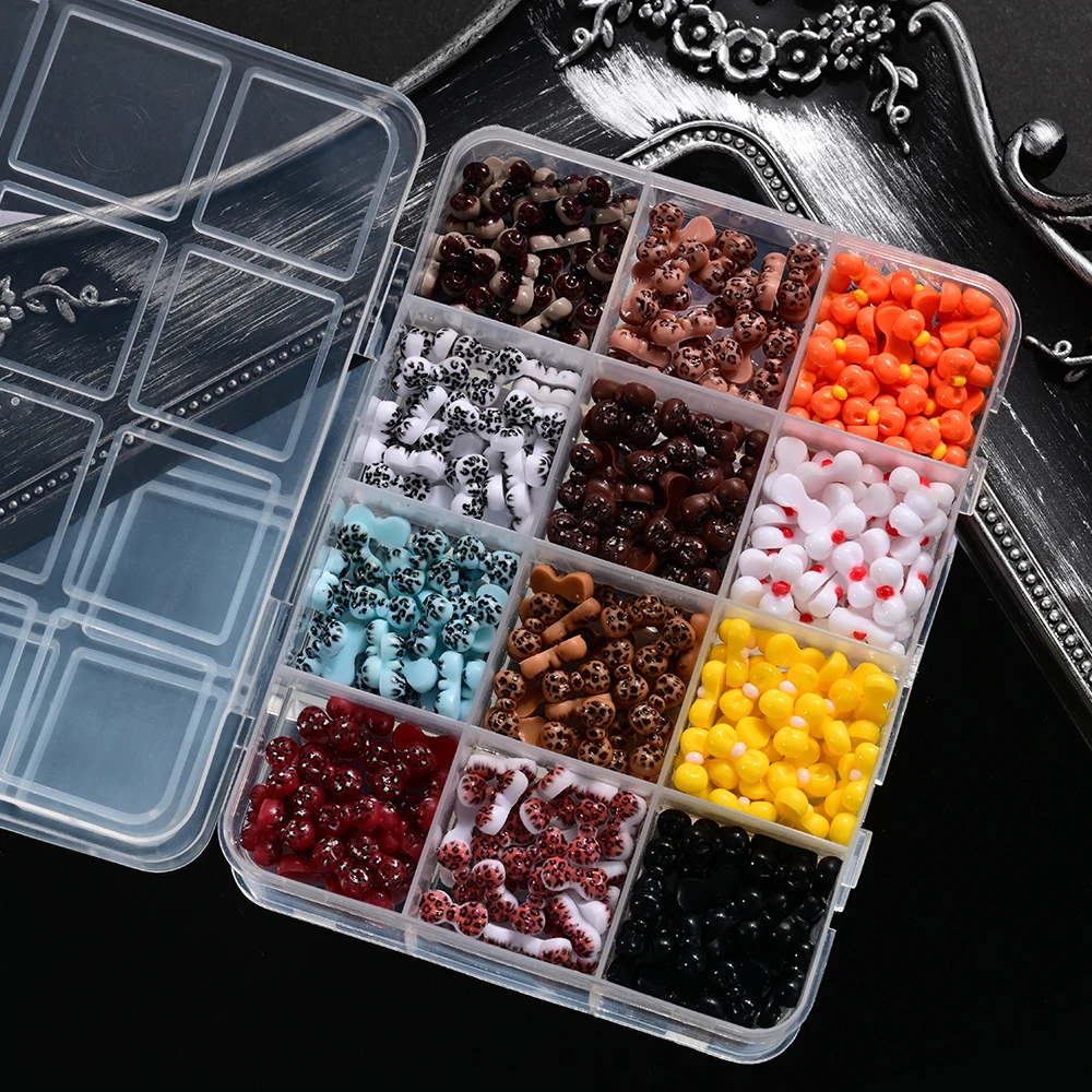 12Grid 3D Gemengde Mini Boog Nagel Charmes Hars Strik Hart Bloem Nail Art Decoraties Fruit/Groente Strass DIY nagel Ambachten