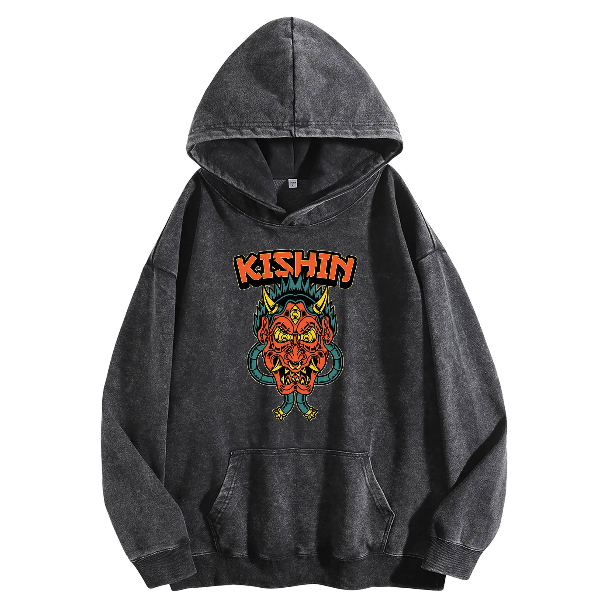 KISHIN طباعة جرافيك 400G هوديي عتيق مغسول للجنسين بلوفر كبير الحجم ملابس الشارع مجموعة الخريف/الشتاء #3