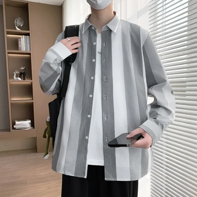 Men's Trendy Long Sleeve Shirt - Spring Summer  Color-Block Light Business Casual Stripe Shirt, Minimalist Style Utility Wear