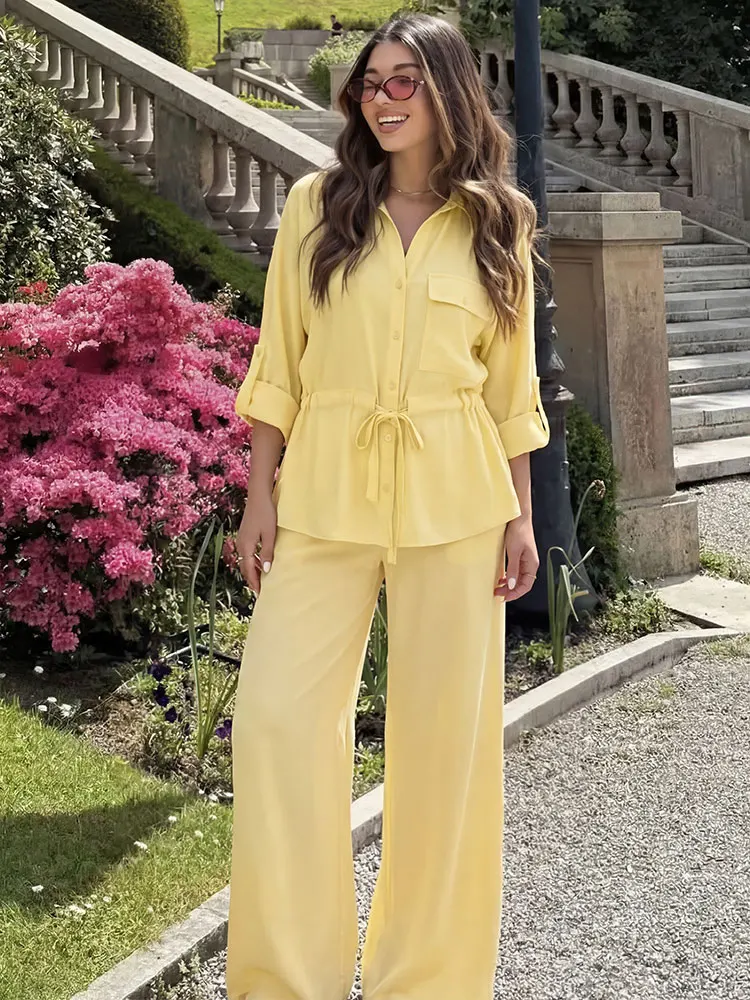 

HH Women Solid Belt Blouse Pants Set Lapel Long Sleeve Buttons Shirt Lastic Waist Wide Leg Trousers Casual Office Lady Suit