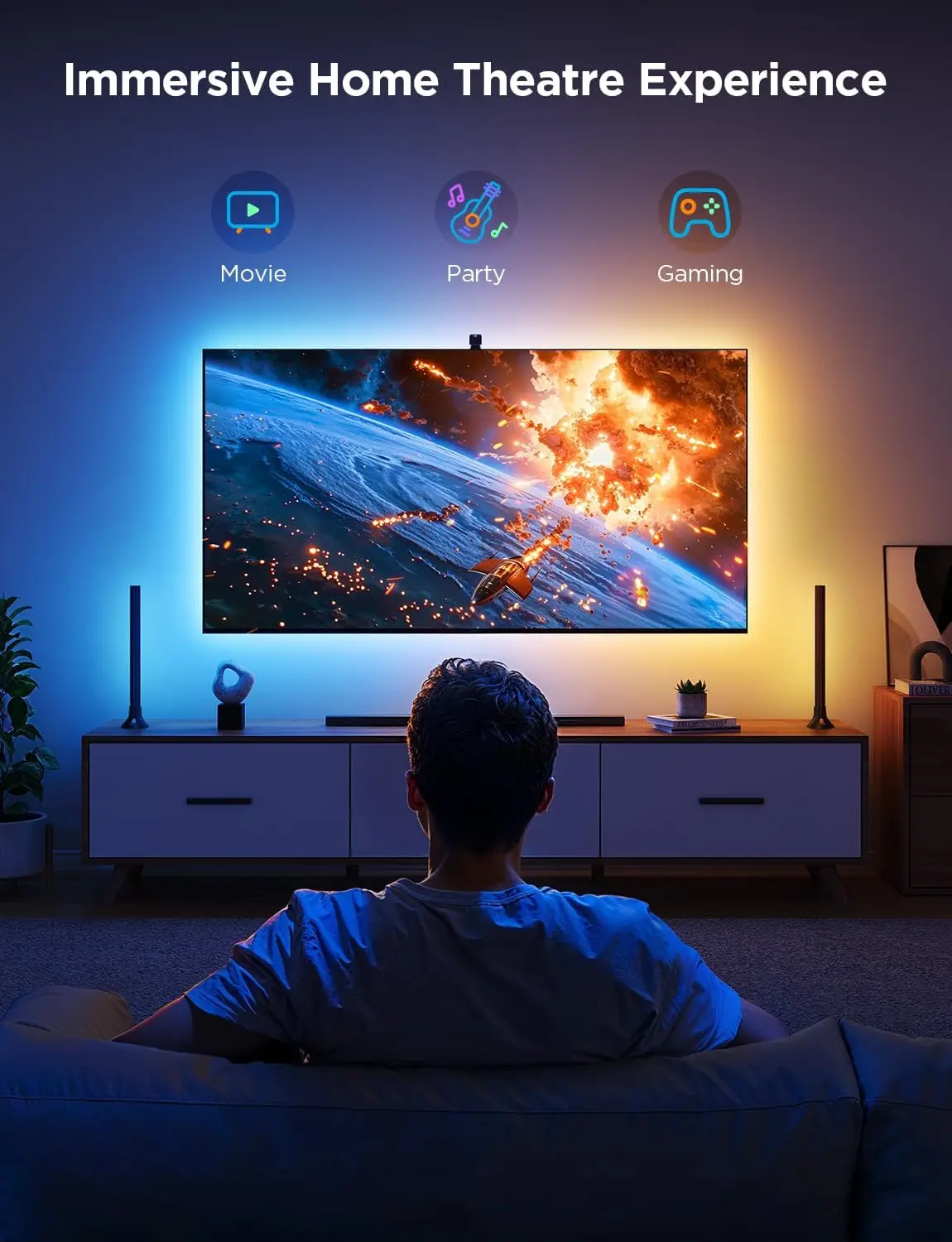 Hintergrund beleuchtung 3 Lite Kit, 11,8 Fuß RGBicw Wi-Fi TV LED-Licht leisten für 55-65-Zoll-Fernseher mit Kamera und 15 Zoll Smart Light Bars