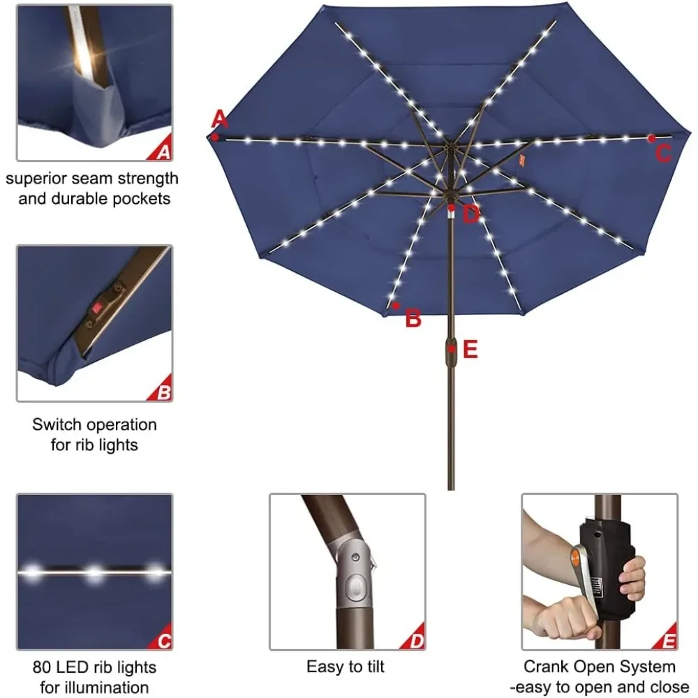 

USA 10-Year-Non-Fading Solar 9ft 3 Tiers Market Umbrella with 80 LED Lights Patio Umbrellas Outdoor Table with Ventilation,Navy