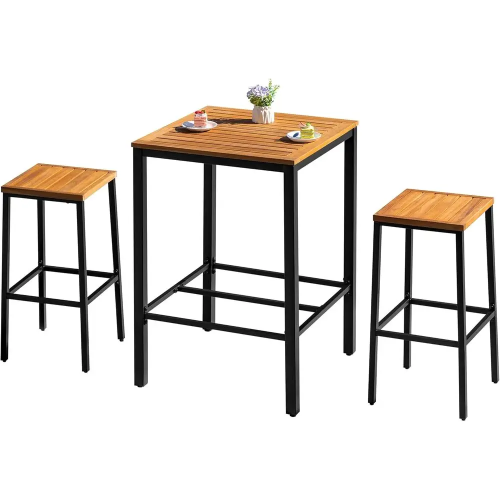 

Acacia Wood 3-Piece Patio Bar Set: High Table & 2 Chairs for Outdoor Backyard, Deck, Garden - Black