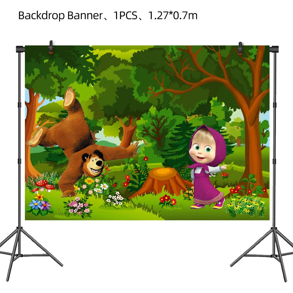 Mascha und der Bär Geburtstagsdekoration Tischgeschirr Becher Teller Tischdecke Ballon Banner Hintergrund Geschenktüten für Kinderparty-Zubehör – Detail 24
