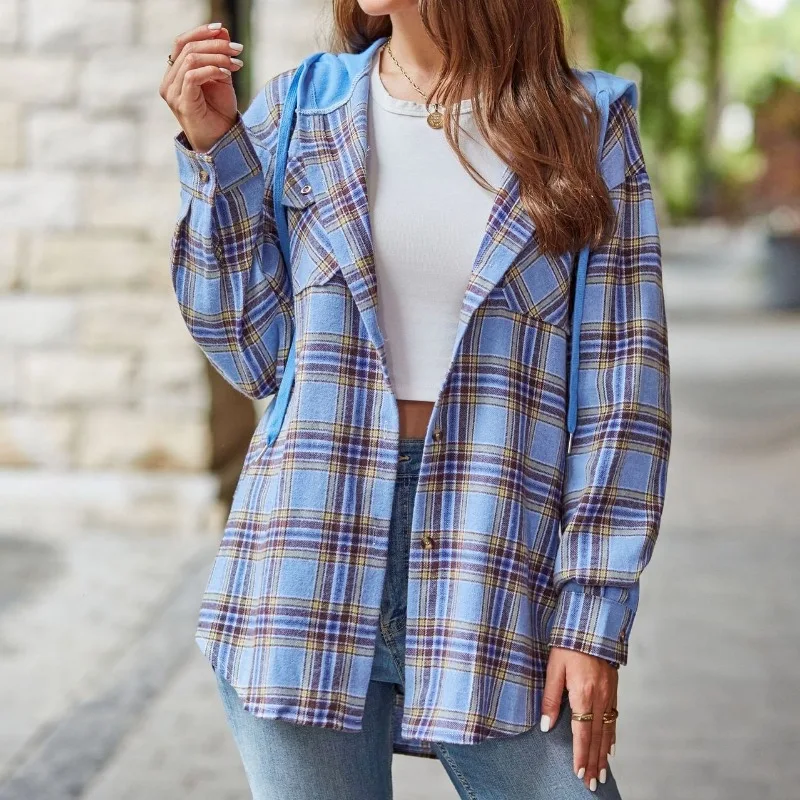 Spring and Autumn Women\'s Cardigan Hooded Long Sleeve Contrast Plaid Stripe Button Pocket Patchwork Fashion Casual Shirt Tops