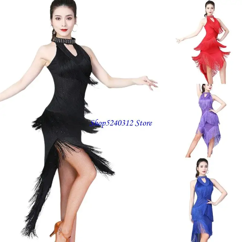 634C Performances scène robe paillettes costumes danse latine tissu stretch asymétrique conception