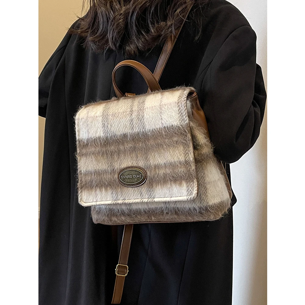 Vintage Women Tweed School Bags Contrast Striped Flap Stachels Shoulder Bag Large Capacity Female Versatile Commute Square Packs