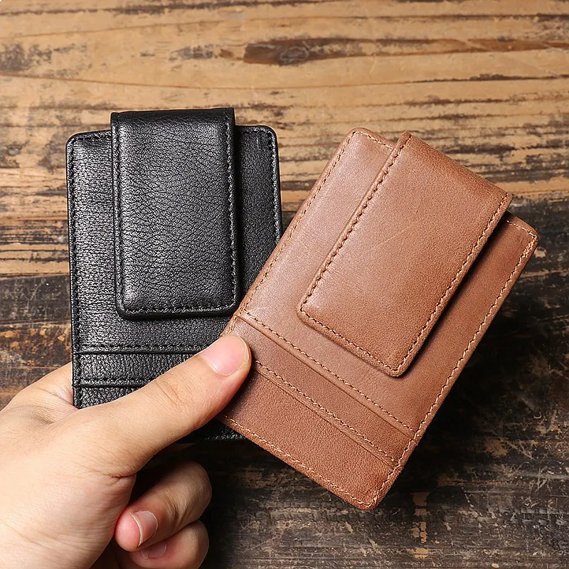 Men's Genuine Leather Card Holder RFID Blocking Money Clip Wallet Multi-Slot