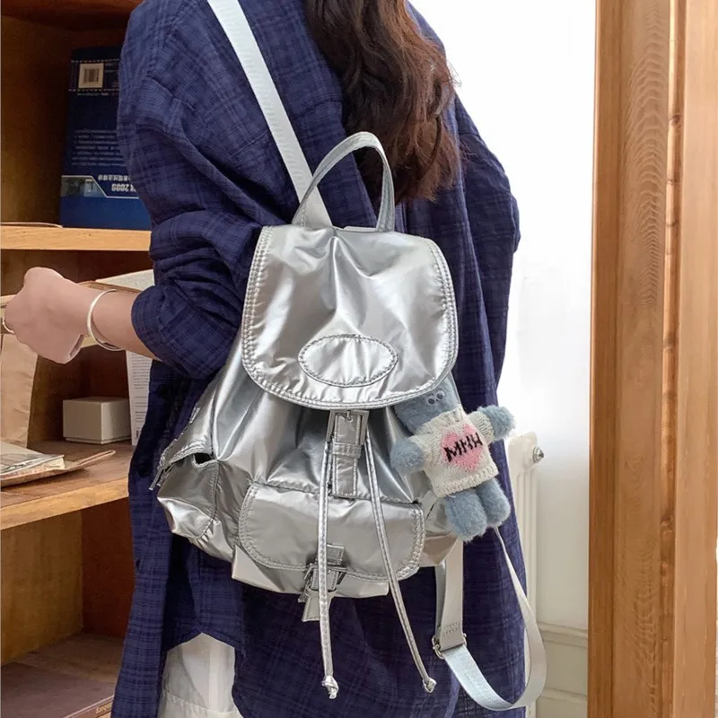 Large Capacity College Student Bags For Women Korean Version Drawstring Backpack 2024 New Simplicity Casual Flap Cover Backpacks