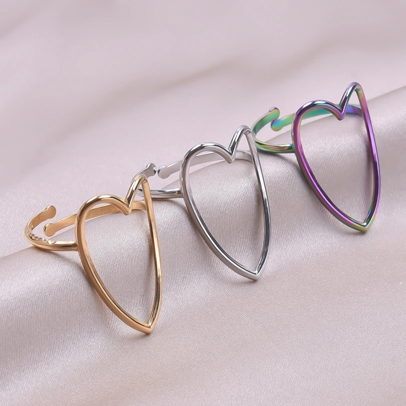 Big Love Heart Ring Adjustable Jewelry Stainless Steel Rings For Women Men Accessories Never Fade Bague Girl Wedding Party Gift image 2