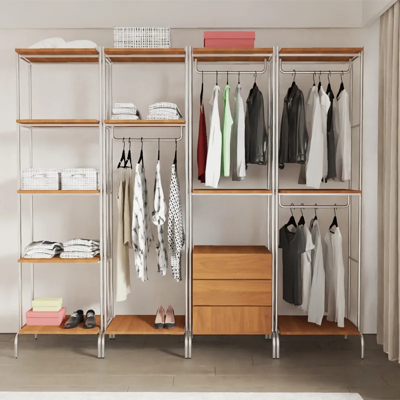 rw-Metal solid wood coat rack floor-to-ceiling bedroom walk-in open wardrobe floor-to-ceiling hanger shelf metal frame-