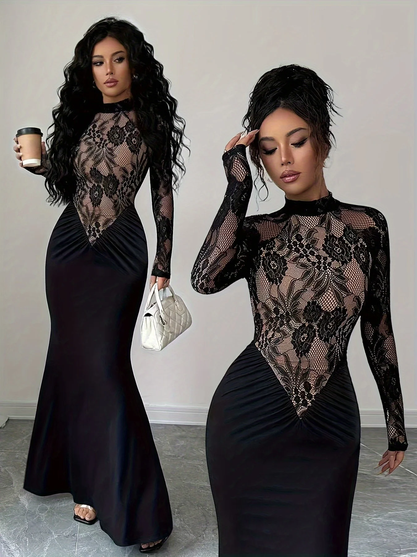 فساتين للنساء فستان جديد بأكمام طويلة وياقة ثابتة فستان نسائي ضيق من الدانتيل الأسود فستان نسائي من Vestidos De Verano Mujer Q2111 #5