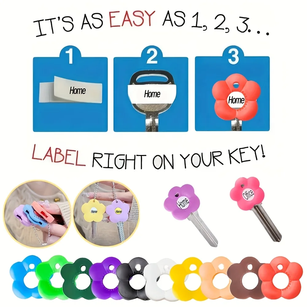 10 Multi-Color Flower-Shaped Silicone Keycap - Durable Key Protection Covers with Color-Coded,Easy-To-Install Keychain Organizer
