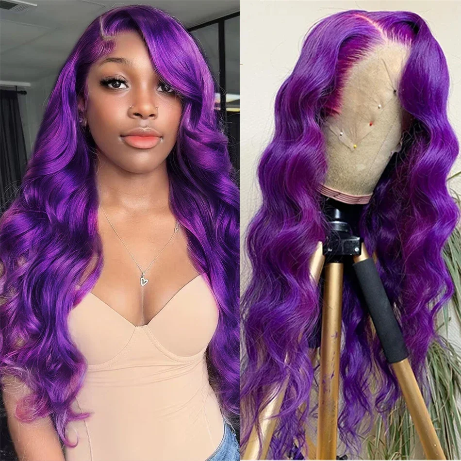 

Brazilian Colored Human Hair Wig Dark Purple Body Wave 200 Density Transparent 13x4 Lace Frontal Wigs For Women Pre Plucked