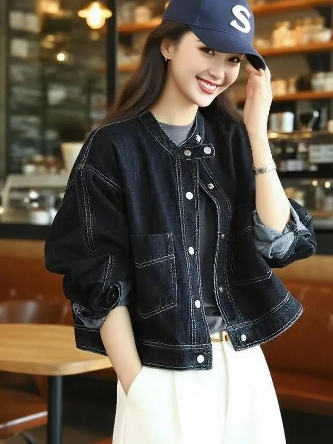 

Весна 2024, женские повседневные свободные джинсовые джинсы с воротником-стойкой, большие джинсы Sle Fem Faion, верхняя одежда, пальто