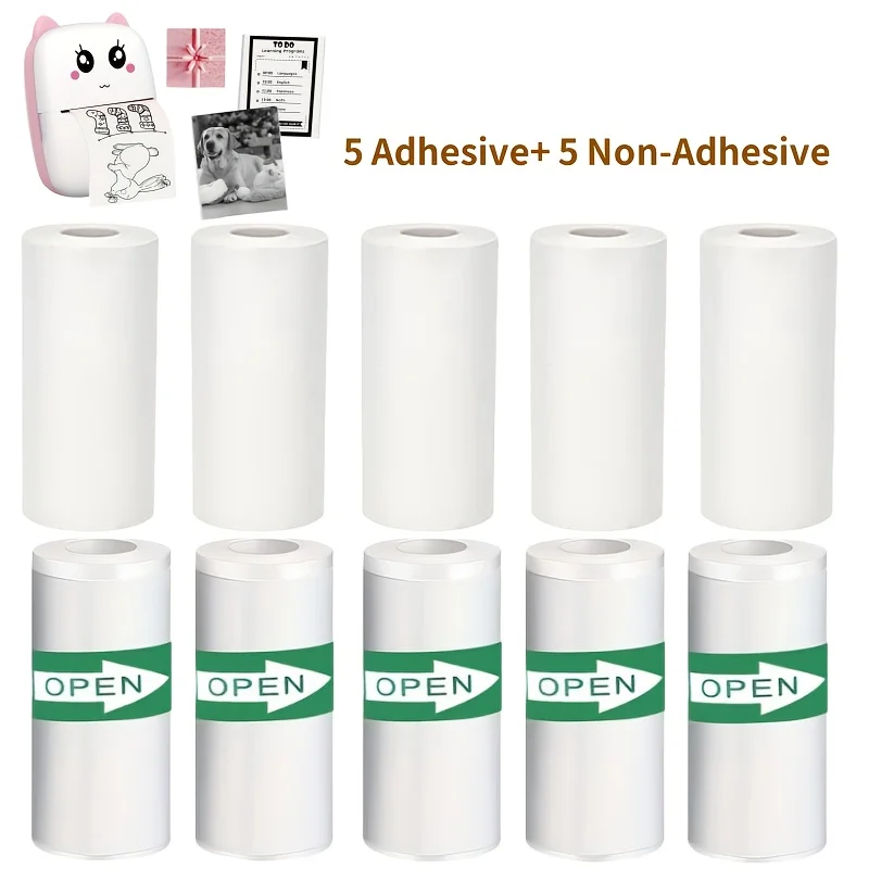 5 Rolls Adhesive & 5 Non-Adhesive Thermal Paper 57x25mm White, No-Ink Printing, Ideal Gift for Study Notes, Photos & Memos