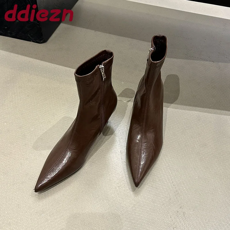 

2025 модные современные женские ботильоны с острым носком на тонком каблуке, женские короткие эластичные ботинки, женские туфли-лодочки