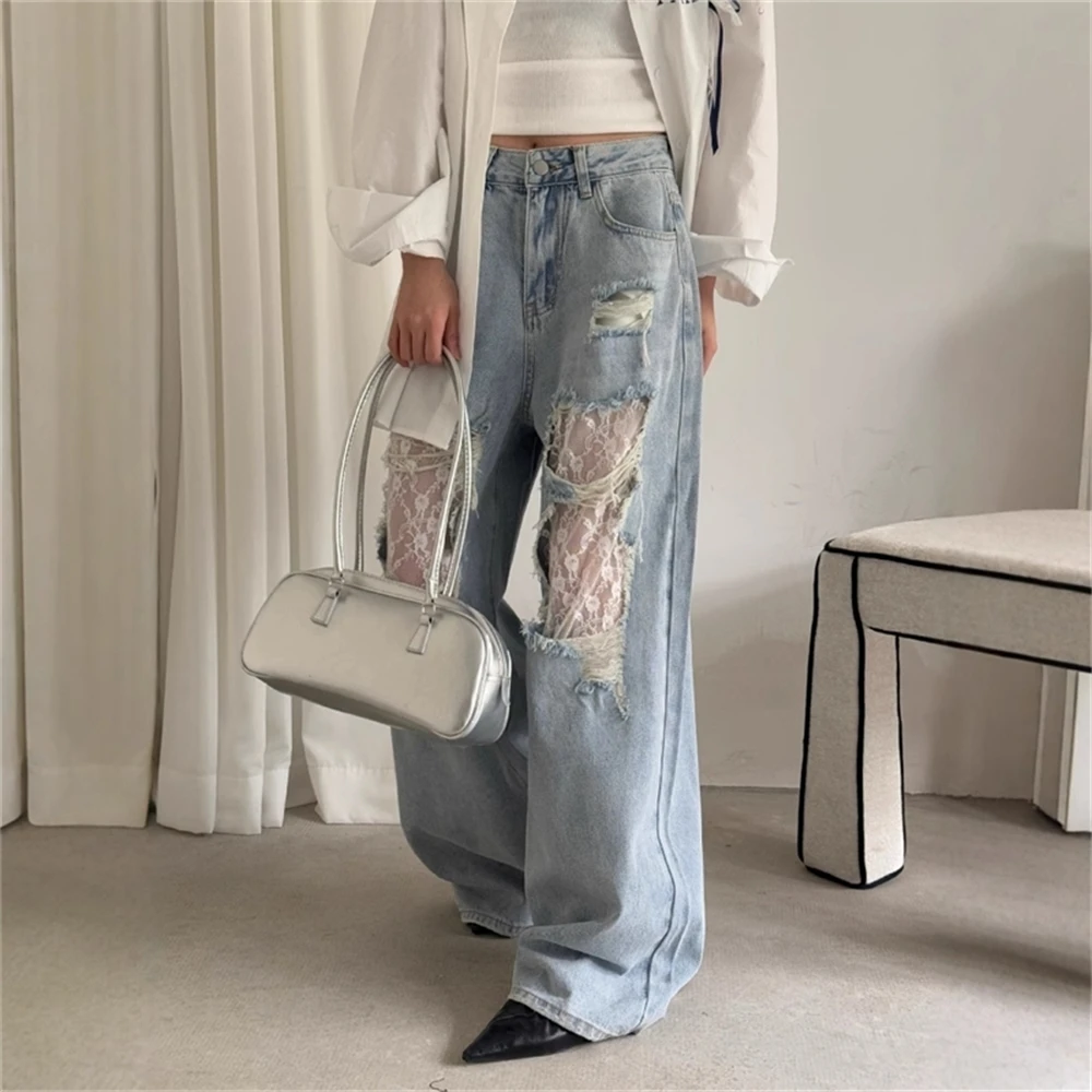 

American Retro Y2K Ripped Lace Spliced ​​Jeans Women Loose Wide Legs 2025 Summer Style Design High Waist Straight Trousers
