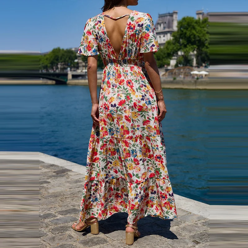 Senhoras sexy com decote em v plissado bohe vestido longo elegante padrão impressão férias vestido de festa moda altura cintura solta vestido de manga curta