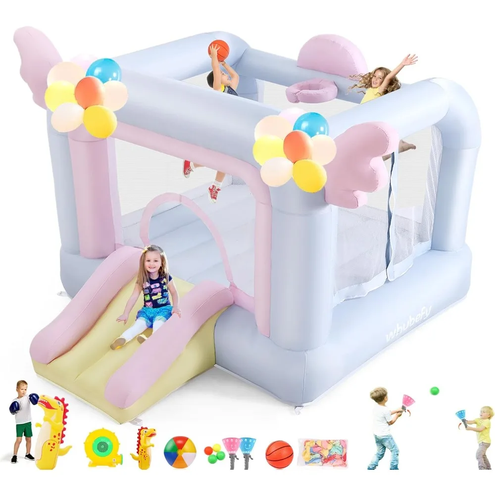 Inflatable Bounce House for Toddler Kids 2-8 with Slide, Balloons, Catch Ball Set, Punching Bag, Beach Ball, Basketball