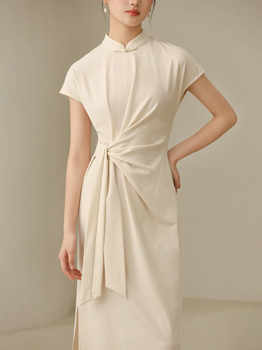 

Новое китайское длинное вязаное платье-ципао для женщин, корректирующее фигуру, из смесовой ткани (хлопок, нейлон, спандекс), с коротким рукавом