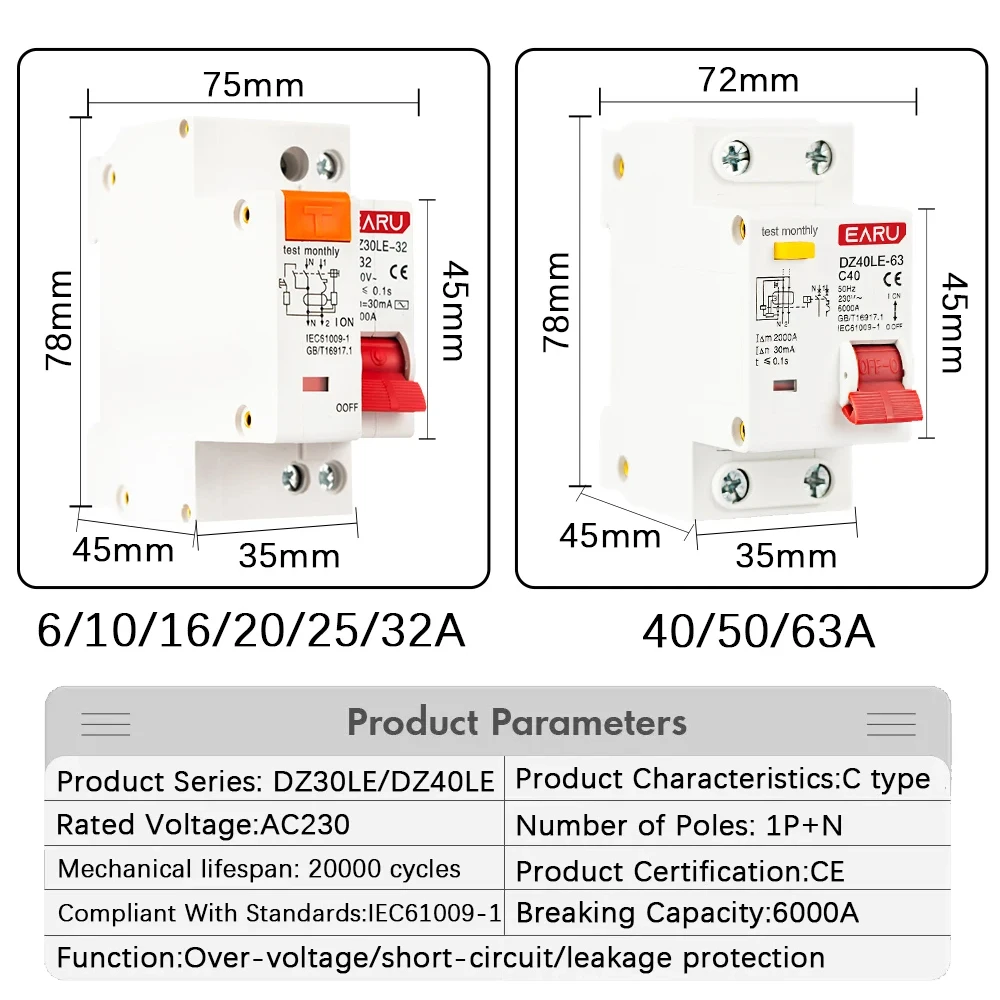 1P+N 230V DZ30L DZ40LE EPNL DPNL 6-63A Residual Current Circuit Breaker With Over And Short Current Leakage Protection RCBO MCB