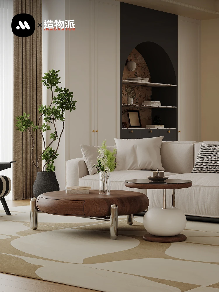 Medieval Style Designer Black Walnut Coffee Table Light Luxury High-end Living Room Round Coffee Table Combination