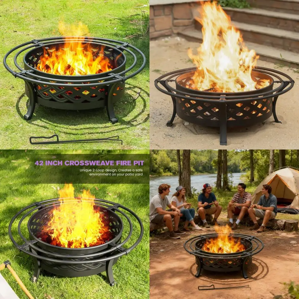 

Круглая открытая яма для выжигания древесины Crossweave, 42 дюйма, с искровым экраном и огненным покером, идеально подходит для встреч на заднем дворе