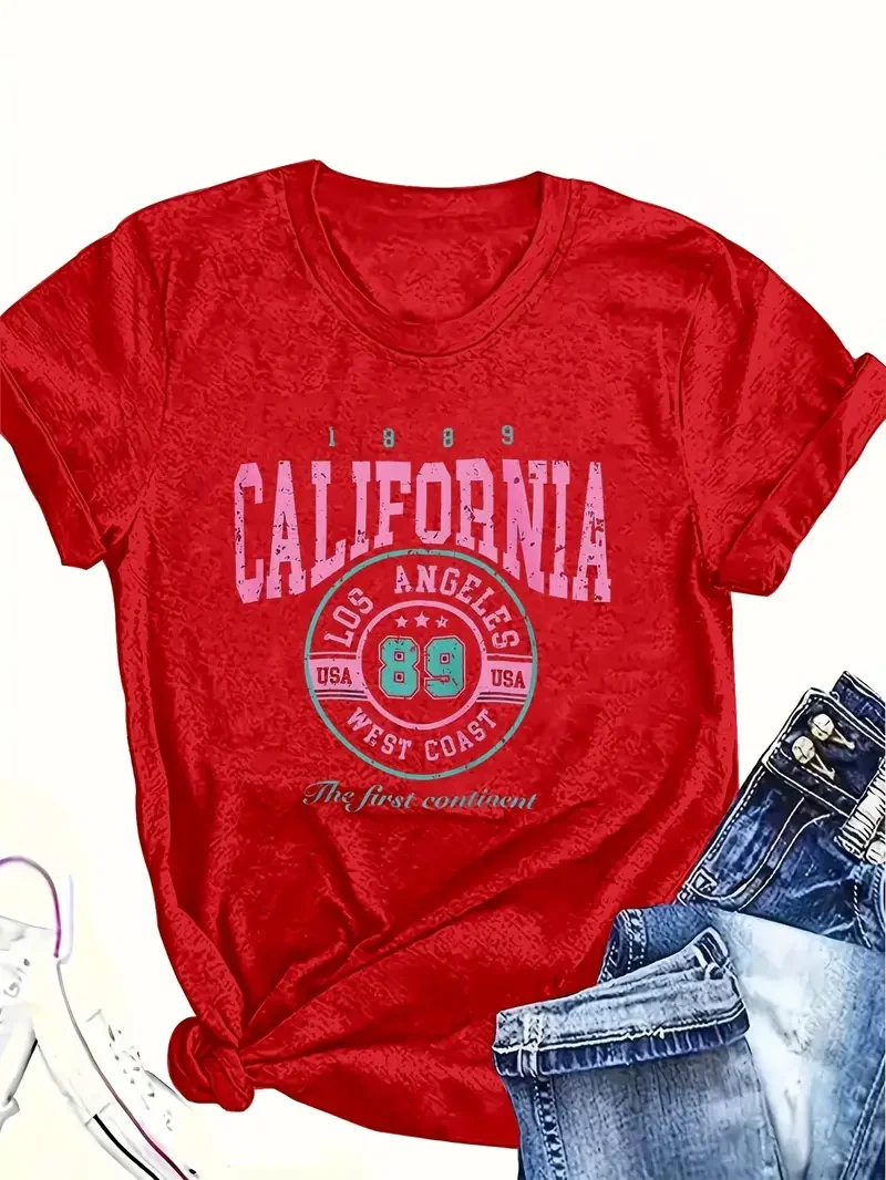 Camiseta de manga corta para mujer talla grande, estampado retro California Los Angeles, moderna y vintage