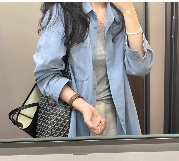 

French blue shirt women's early spring 2025 new Korean loose casual polo shirt long-sleeved temperament top