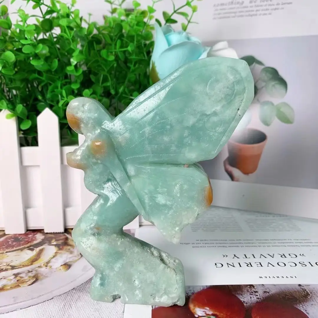 150mm Natural Quartz Amazonite Stone Hand Carved Quartz Crystal Craft Carving Butterfly Flower Fairy For Home decoration 1pcs