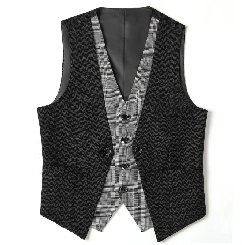 

Men Vest Black Herringbone Slim Fit V Neck With Gray Grid Single Breasted Waistcoat Casual Formal Business Men Coat