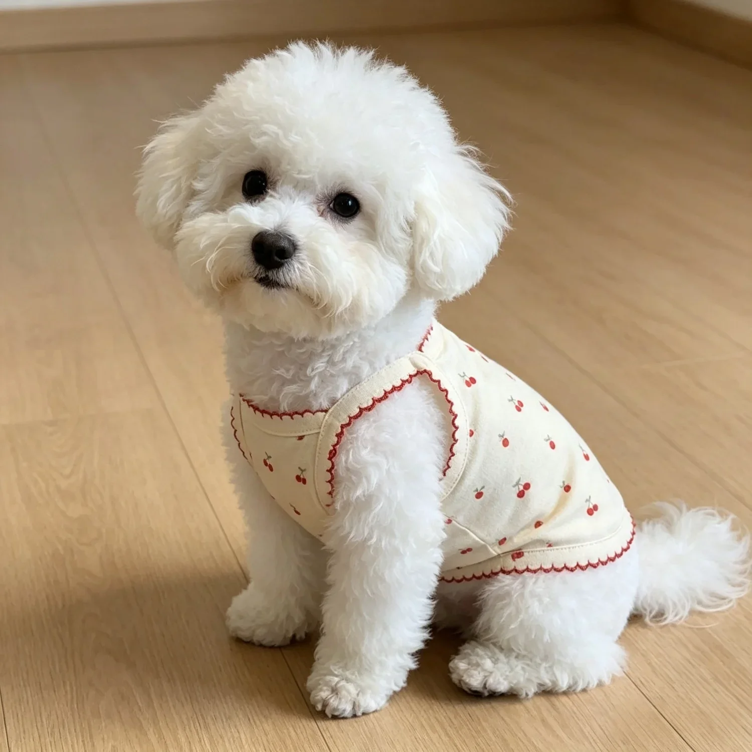 Sommerweste für kleine Hunde, niedliches Kirschmuster, Haustierkleidung, atmungsaktives ärmelloses Welpenshirt aus Baumwolle für Bichon Teddy Cat – Detail 17