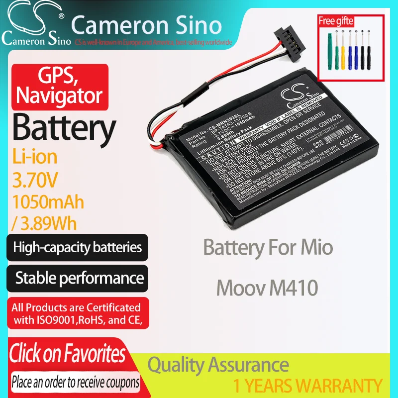 CameronSino Battery for Mio Moov M410 GPS,Navigator battery 1050mAh/3.89Wh 3.70V Li-ion Black