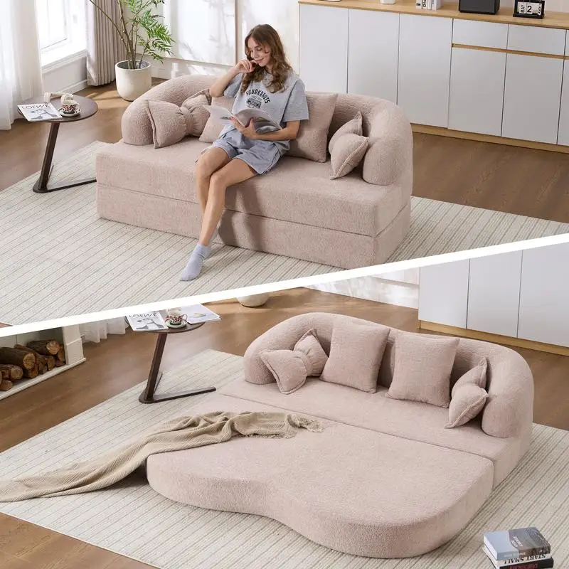 Divano letto pieghevole 2 in 1, divano convertibile da 70 pollici con 4 cuscini per soggiorno o appartamento, colore albicocca